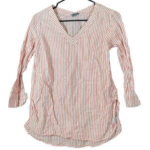 Eddie Bauer Women Shirt Orange White Striped Linen Blend Long Sleeve VNeck XS